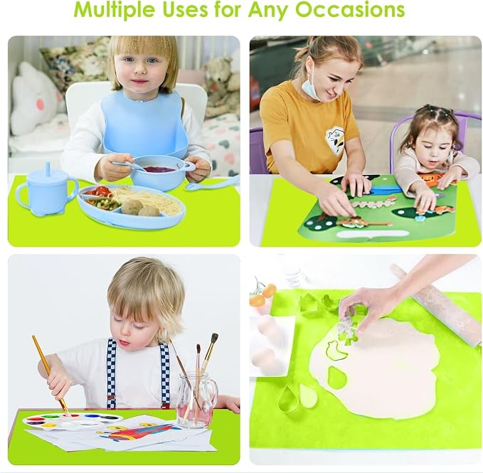 Extra Large Silicone Mat, Kitchen Counter Mat Placemats for Kids Silicone Mats for Countertop, Nonstick Silicone Table Mat for Baking Pastry Crafts Heat-Resistant Silicone Pad, 27.6'' x 15.7'', Green