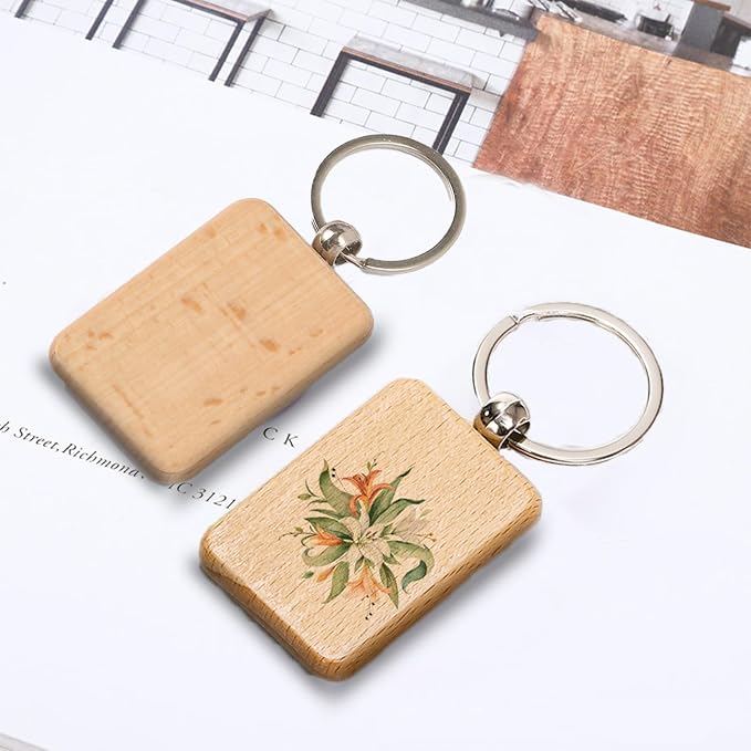 WRINGKIT 50 Pieces Wood Keychain Blank, Rectangular | Unfinished Laser Engraving Blanks with Key Rings, Keychain Ring Tag Wood Sign Bulk for DIY Crafts, Pet Gift Tags