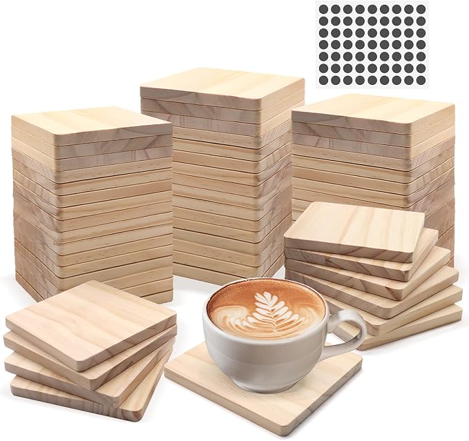 60 Pack 4 Inch Unfinished Square Wood Coasters with Non Slip Pad