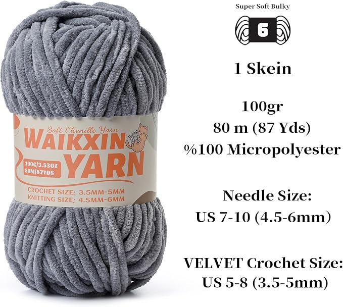 （Grey） Super Soft Fuzzy Chenille Chunky Yarn for Crocheting, 100g (87yds) Fluffy Velvet Yarn for Hand Knitting Baby Blankets Weaving Craft
