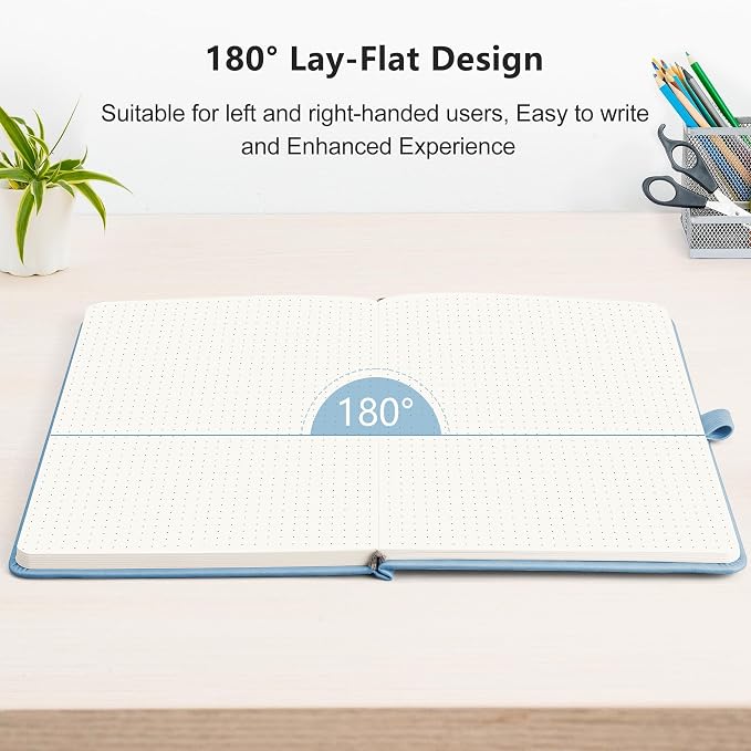 RETTACY Dotted Journal Notebook, 192 Pages, A5 Medium Size (5.7'' x 8.3'') | Leather Hardcover, 100 GSM Thick Paper, for Journaling, Planning, Tracking (Light Blue)