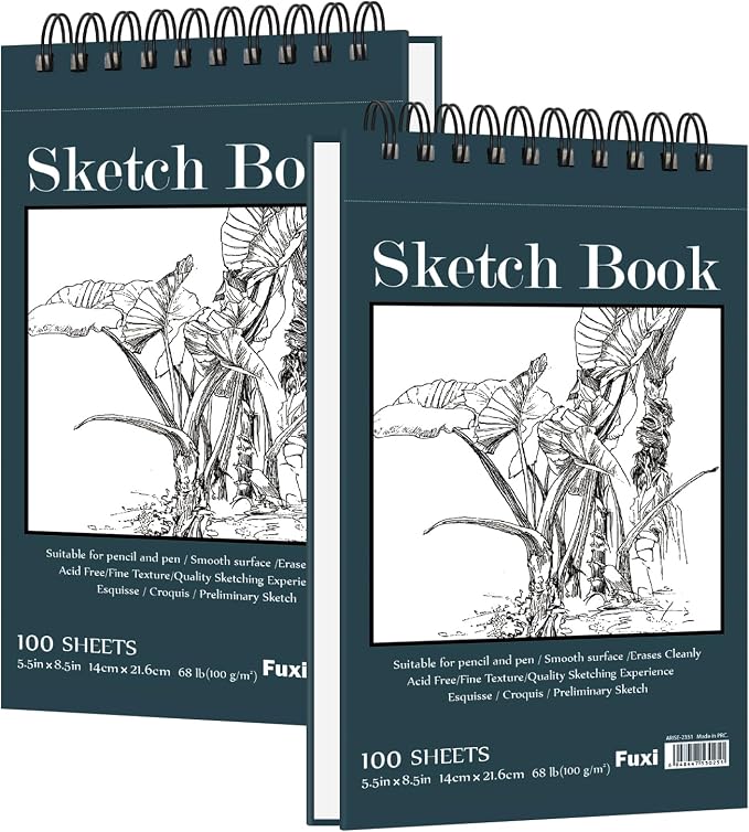 Fuxi Small Sketch Book, Spiral-Bound Sketchbook 5.5 x 8.5 2-Pack 200 Sheets | Small Sketchbook, 100 Sheets Each, 68lb/100gsm Drawing Paper Pad, Small Sketch Pads for Drawing for Adults, Kids & Beginners.