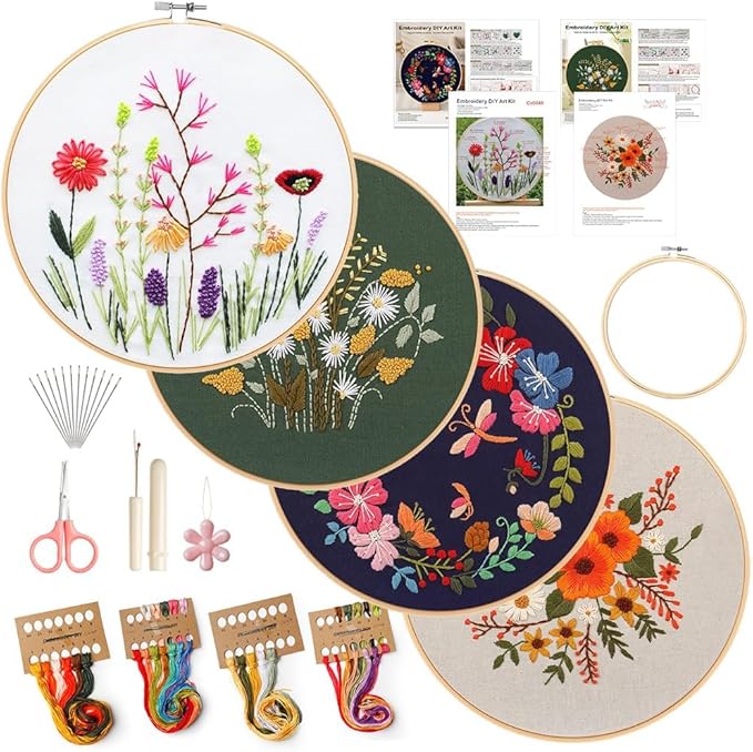 wtisan 4 Pack Embroidery kit for Beginners Cross Stitch Kits for Adults | DIY Needlepoint Kits with Flower Patterns, Embroidery Tools, Threads, Step by Step Instructions, Hand Craft Lover Gift