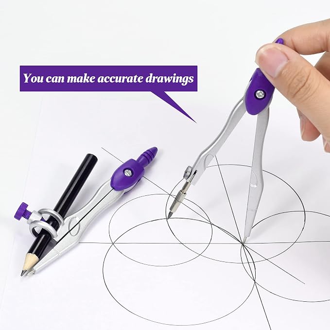 Unjoo Math Geometry Set 10 Pcs, Compass and Protractor for Students(Purple | Shatterproof Storage Box,Rulers,Protractor,Compass,Eraser,Pencil Sharpener,Lead Refills,Pencil,for Classroom, Back to School