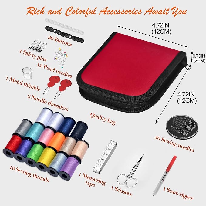 Sewing Kit Gifts for Grandma, Mom, Friend, Traveler, Adults, Beginner, Emergency,Sewing Supplies Accessories with Scissors,Sewing Needles Thimble, Thread,Tape Measure etc (Christmas Red， S)