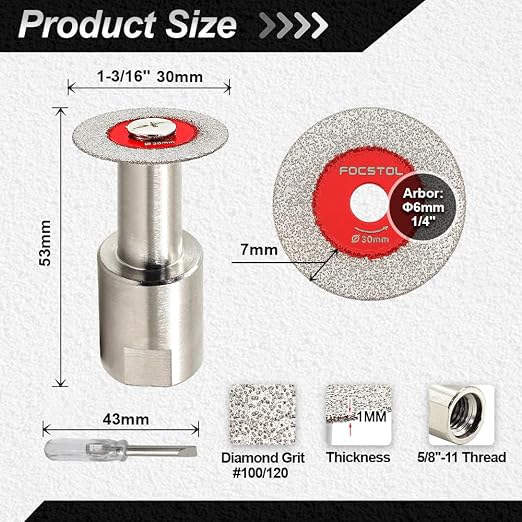Mini Diamond Glass Cutting Disc - FOCSTOL 5pcs 1-3/16 Inch(30mm) Saw Blade and 1pc 5/8''-11 Flange for Glass Jade Marble Granite Artificial Stone Porcelain Tile Ceramic