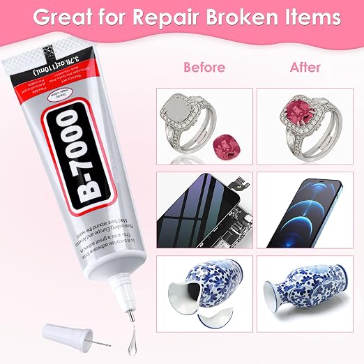 B-7000 Rhinestones Craft Glue, 110ML Clear Adhesive with Precision Tips for DIY Art, Fabric, Cell Phones, Metal, Jewelry Making
