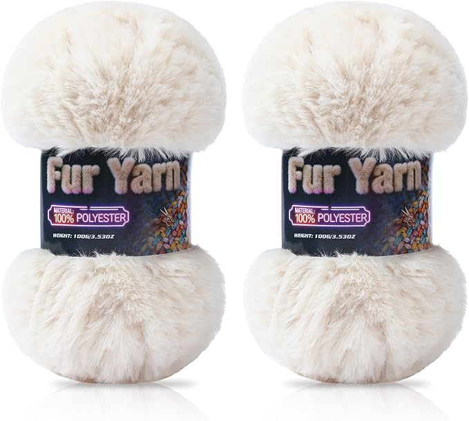 Faux Fur Yarn Soft Fluffy for Crocheting - 2 Skeins(Each 3.5oz/100g, 71yd/65m) - Chunky & Fluffy Yarn for Crochet Amigurumi, Blankets, Hand Knitting, Scarves &Crafts (2, Beige)