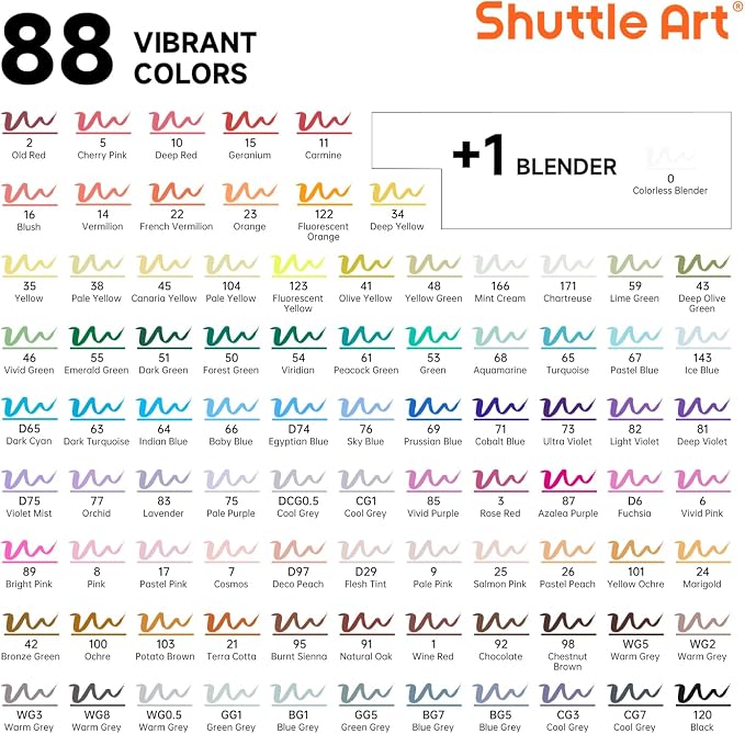 Shuttle Art Brush Tip Alcohol Markers, Dual Tip Brush & Fine Tip Art Marker Set, 89 Colors Marker Pens with Organized Case Perfect for Illustration Kids Students Adults Coloring Sketching