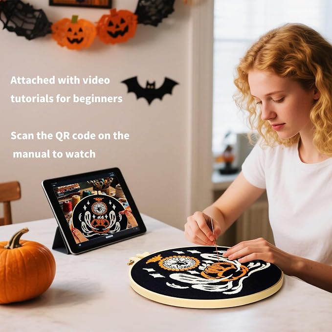 Halloween Embroidery Kits for Beginners Adults, Ghost Embroidery Starter Kits, Halloween Cross Stitch Kits for Beginners Adults Hobbies for Women, Embroidery Fabric, Threads, Hoops and Video Tutorial