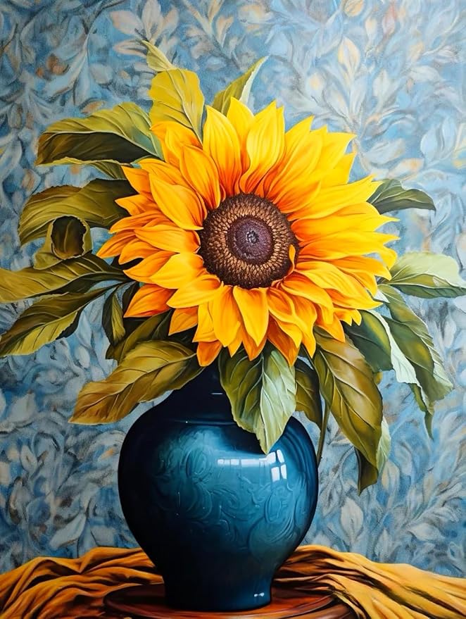 PINFFSHU 5D Diamond Art Kits for Adults Beginners, Full Drill Sunflower in Blue Vase Diamond Painting Kits DIY Gem Art Craft, Home Wall Decor, Unique Gift for Women, 12x16 Inch (30x40cm)