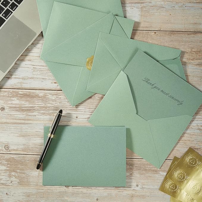 50 Pack Sage-Green A7 Envelopes with Cards and Gold Stickers, 5x7