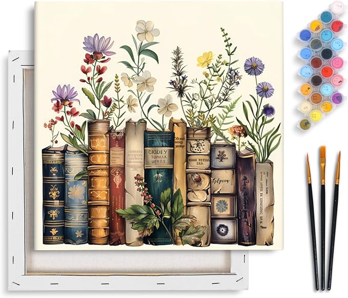Yezavesu Book Framed Paint by Numbers Kit for Adults Beginner | With Frame Canvas 12x12 Inch, DIY Acrylic Painting by Numbers Flowers, Stress Relief Craft Kits, Home Wall Decor Gift