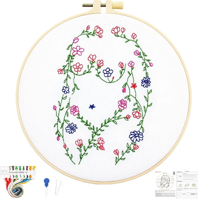Woman Flowers Embroidery Kits for Beginners Adults, Floral Hand Embroidery Starters Kits, Stamped Cross Stitch Kits DIY Needlepoint Kits for Beginners Adult, Embroidery Hoop, Thread and Video Tutorial