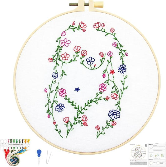 Woman Flowers Embroidery Kits for Beginners Adults, Floral Hand Embroidery Starters Kits, Stamped Cross Stitch Kits DIY Needlepoint Kits for Beginners Adult, Embroidery Hoop, Thread and Video Tutorial