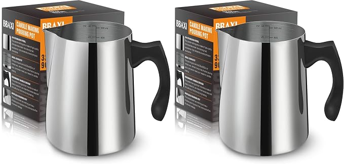 BBAXI Candle Making Pouring Pot, 32oz Double Boiler Wax Melting Pot, 304 Stainless Steel Candle Making Pitcher with Heat-Resistant Handle and Dripless Pouring Spout Design (Pack of 2)