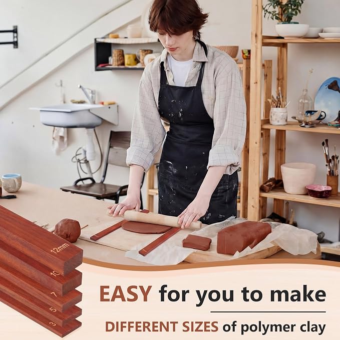 Sasylvia 10 Pcs Clay Pottery Rolling Pin Guides,5 Size,Reddish Brown | Wooden, Teaching Rolling Mud Stick Guide, Polymer Clay Depth Thickness Guide, Pottery Mudboard Tool