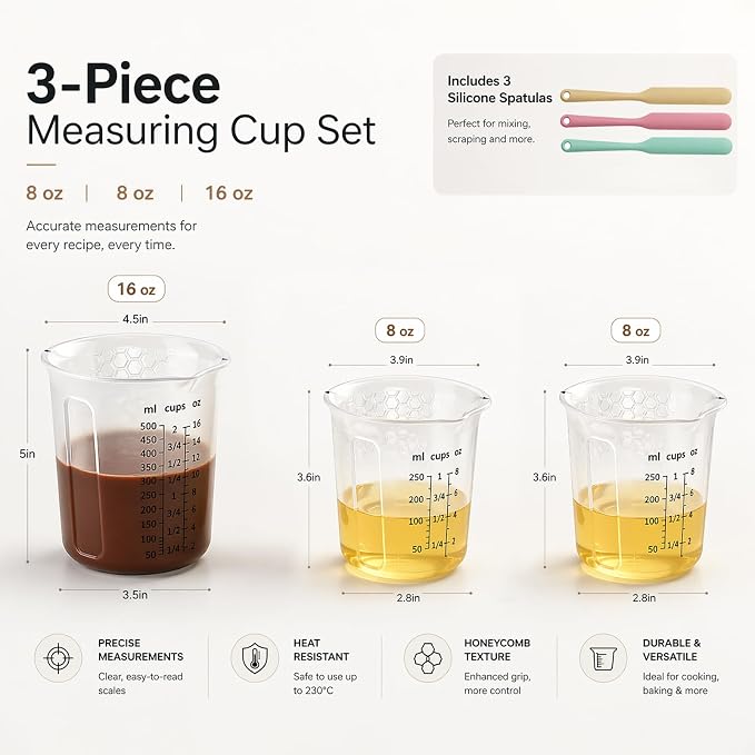 Palksky Silicone Measuring Cups Set 1-Cup & 1-Cup & 2-Cup with 3PCS Jar Spatula, Microwave Safe, Honeycomb Heat-Control Grip, Easy-Read Liquid Measuring for Baking, Cooking & Chocolate Melting