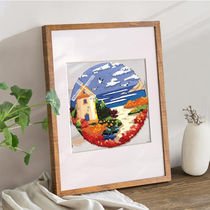 FONNUY Embroidery Kit for Beginners, Boho Nature Landscape Pre-Stamped Pattern Kits for Adults with Hoop, Easy to Follow Color Thread Needlework, 8'' Hoop (Beach House)