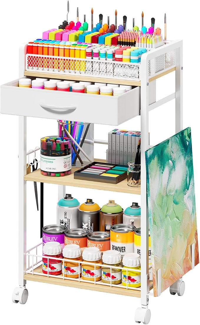 Homsorout 3 Tier Rolling Cart - Metal Utility Cart with Storage Drawer and Wheels, Versatile Art & Craft Organizer for Home, Office, or Studio Ideal for Storing Brushes, Paints, and Supplies White