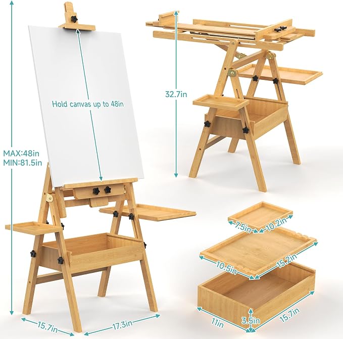 Solid Beech Wood H-Frame Easel with 2 Palette and Storage | Professional Foldable Studio Art Easel Stand with Signature Box for Adults, Holds Canvas Art up to 48"