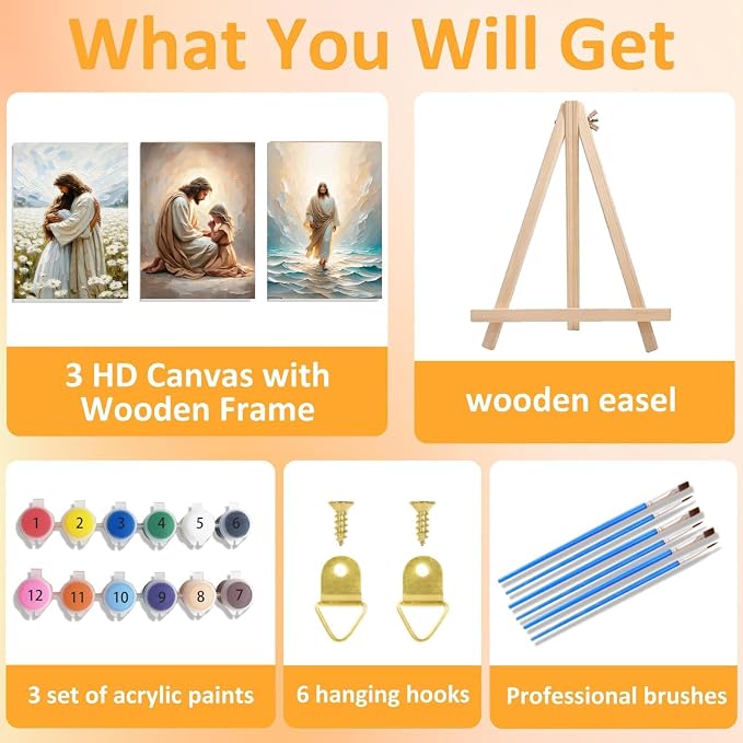 3 Pack Paint by Numbers Kit for Adults Framed Canvas, with Wooden Easel