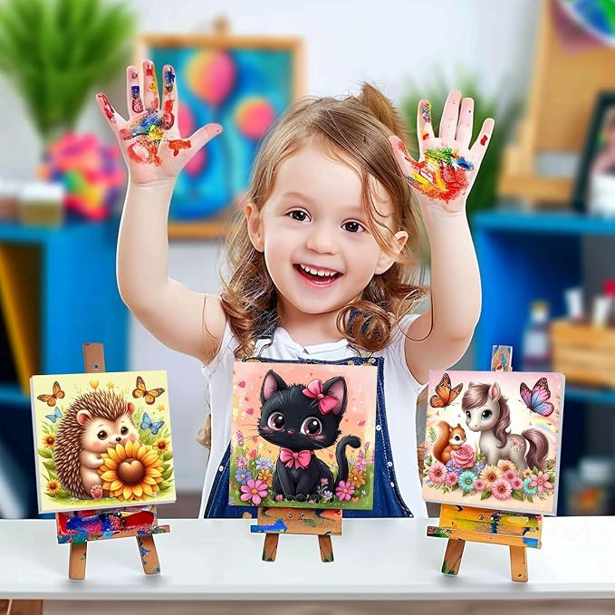 4 Pack Paint by Numbers Kit for Kids with Frame - Wooden Easel, Animal Paint by Numbers for Kids Ages 4 8 12, Easy Horse Cat Hedgehog Koala Acrylic Oil Painting Kits for Home Wall Decoration 8x8 inch