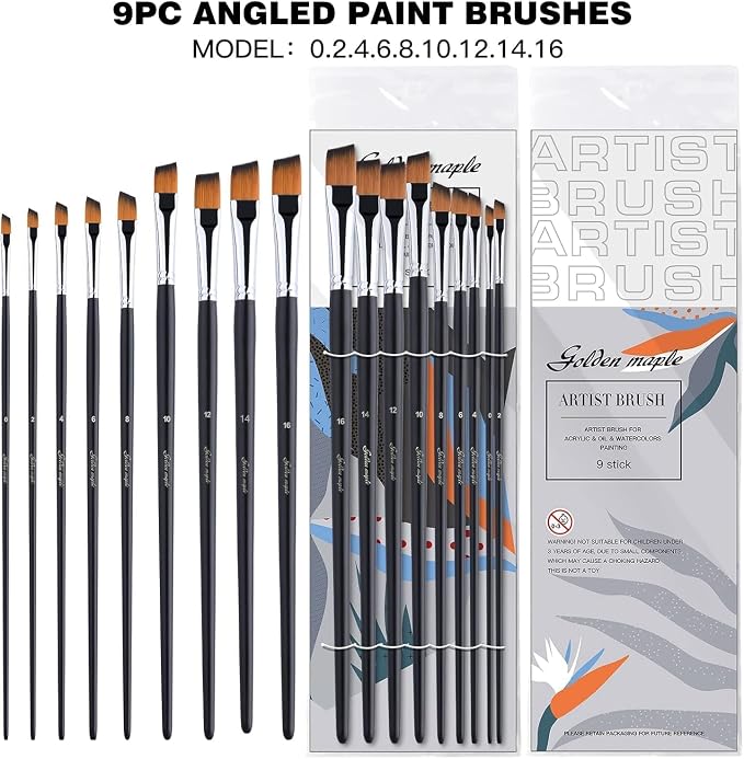 Golden Maple Angular Paint Brush, 9PC Oblique Tip Nylon Hair Long Handle Angled Paint Brushes Set Art Artist Professional Painting Supplies for Acrylic, Watercolor, Gouache and Oil Painting