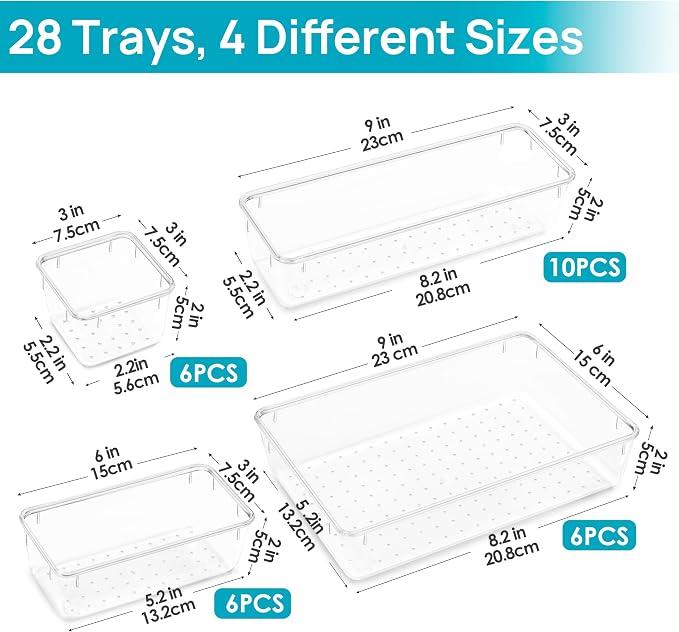 Vtopmart 28 Pack Clear Drawer Organizer Bins, 4 Sizes Storage Trays | Clear Storage Bins for Makeup, Bathroom, Kitchen & Office Drawers, Multi-Size Organizers Keep Toiletries, Tools & Essentials