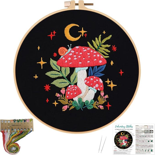 Nuberlic Mushroom Embroidery Kits for Beginner Adults | Starter Cross Stitch Kit DIY Needlepoint with Hoop, Pre-Printed Fabric, Threads & Step-by-Step Guide