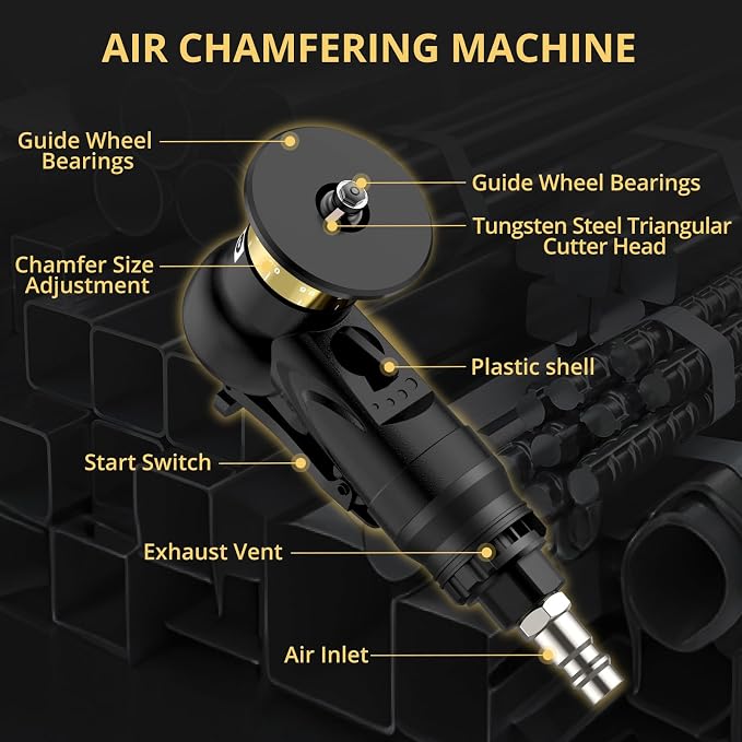 AMTOVL Pneumatic Chamfering Tool - Mini Air Chamfer Tool with 6 C-Angle & 6 R-Angle Blades, 45° 30000 RPM Chamfering Tool for Metal and Wood with 1/4" Air Inlet