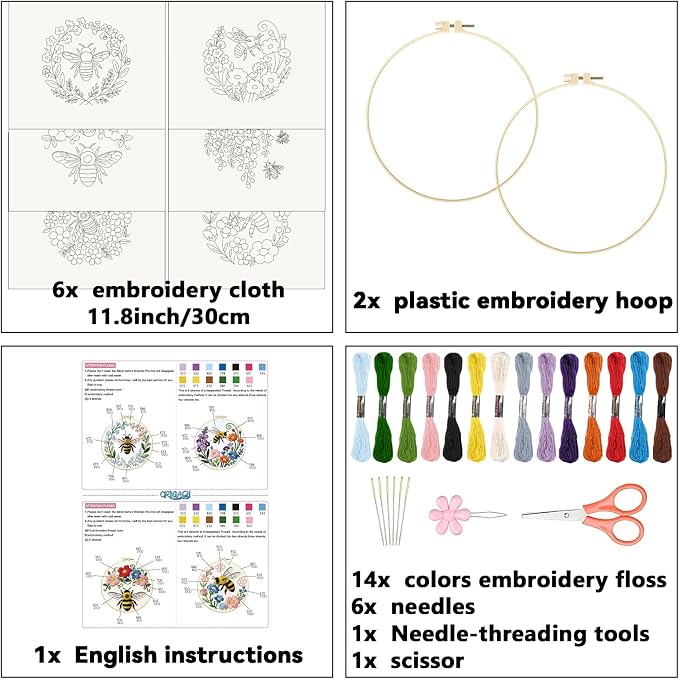 ORIGACH 6 Pack Bees & Flowers Embroidery Kits for Beginners, DIY Starter Hand Embroidery Kit with Floral & Bees Patterns and Instructions for Adults Women Crafting
