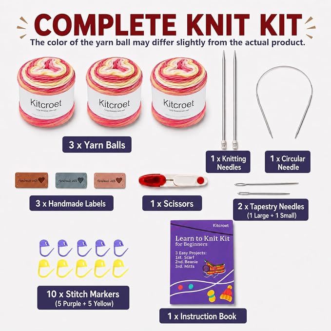 Knitting Kit for Beginners, Complete Starter Kit for Scarf, Hat, Gloves | Kitcroet Knitting Kit Video Tutorials & Written Guide; 2 Types of Needles & Knitting Accessories; 25% Extra Yarn Included
