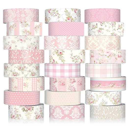 Gueevin 24 Rolls Floral Washi Tapes Set Scrapbook Supplies, Roses and Lace | 15 mm Watercolor Flower Washi Tapes, Back to School DIY Craft Arts, Junk Journaling Planner Gift Wrapping Supplies
