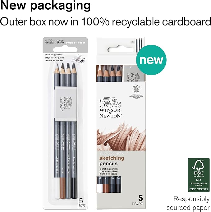 Winsor & Newton Studio Collection, Sketching Pencils, Set of 5 | Soft, Thick Core pencils, Varied Hardness, Soft Smooth Texture, Easy Blending, Stylish Metal Tin Included, High Quality Lead