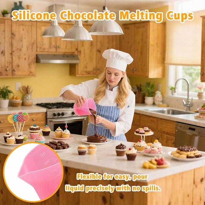Palksky Silicone Cups for Melting Chocolate, 4PCS Pink Silicone Measuring Cups with 1 Cup & 1.5 Cup Capacity, Reusable Baking Supplies for DIY Chocolate Molds, Melting Chocolate