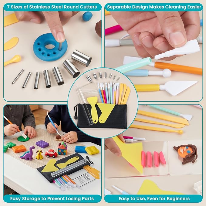 Amrules 25 Pcs Polymer Clay Sculpting Tools Kit for Adults | Multi-Functional for Carving, Dotting & Molding, Ideal for Art Class & Pottery Studio, Comes with Zipper Storage Bag