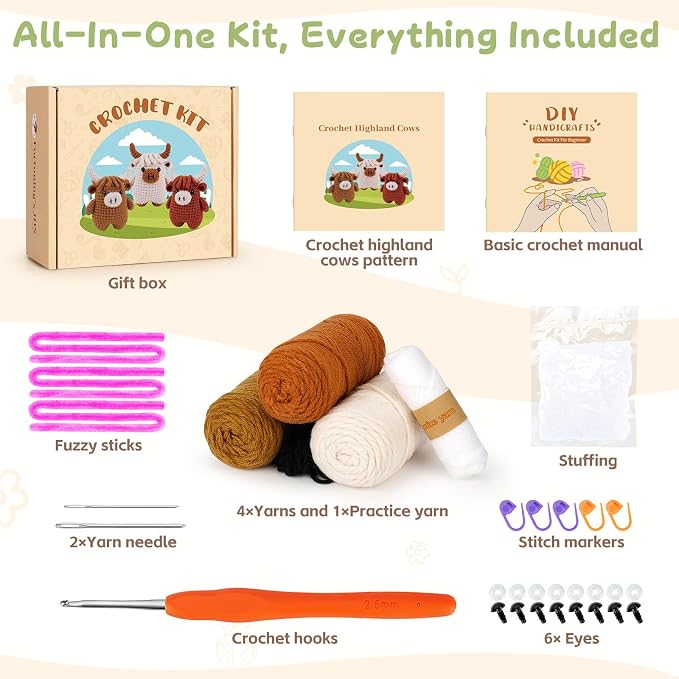 Fortuning's JDS Crochet Kit for Beginners - Crochet Highland Cow Beginner Crochet Kit for Adults, Complete Scottish Cow Crochet Animal Kits, Easy Crocheting Knitting Starter Kits Gifts