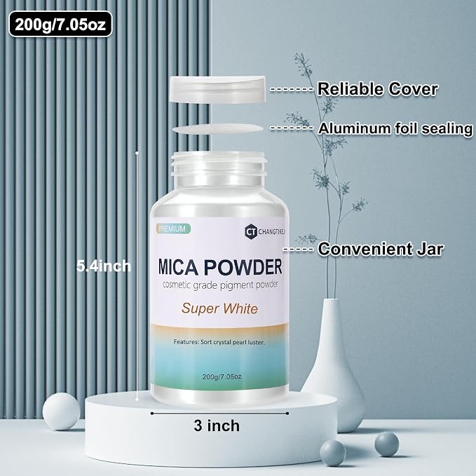 Mica Powder,7.05OZ（200g）,Super White Mica Powder Pigment for Epoxy Resin，Lip Gloss，Car Paint，Dye，Soap Making，Nail Polish,Epoxy Resin,Candle Making,Bath Bombs