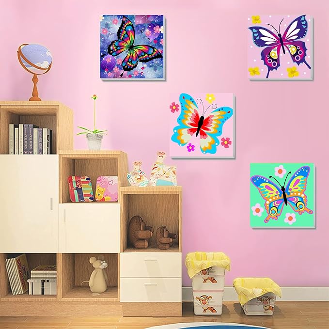 4 Pack Butterfly Paint by Number for Kids with Wooden Frame - Wooden Easel | Paint by Numbers for Kids Butterflies Ages 4-8-12, Easy Painting with Number Oil Painting Kits for Home Wall Decor (8X8 inch)