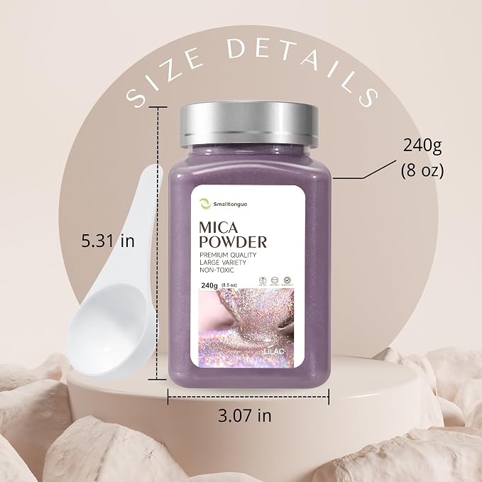Mica Powder, Lilac, 240g with Scoop, Complies with ASTM D-4236 | For Epoxy Resin, Soap, Bath Bomb, Candle| Safety Material| Odorless| Brilliant Colors