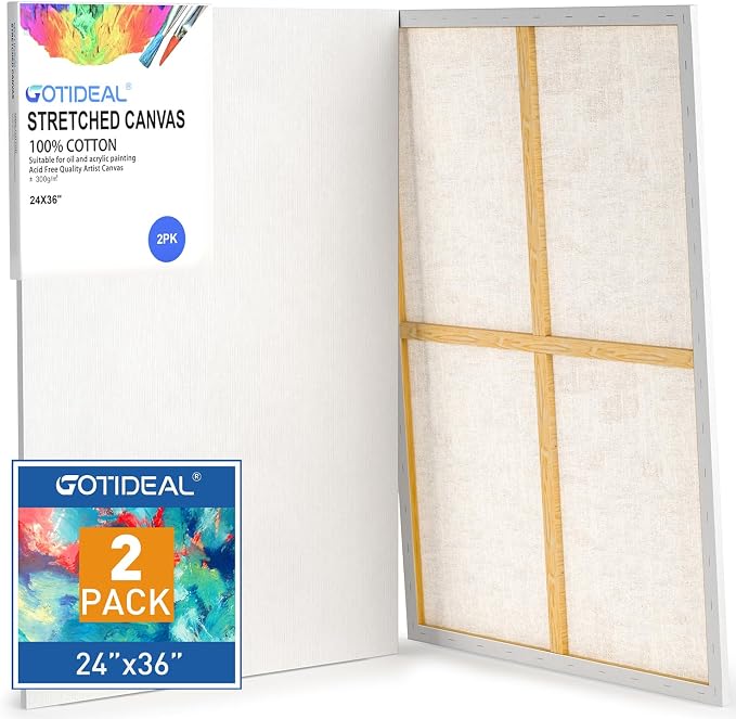 GOTIDEAL Stretched Canvases for Painting, 24x36 Inch Set of 2 | Primed White - 100% Cotton Blank Art Large Canvas Boards for Painting for Acrylic Pouring, Oil Paint Dry & Wet Art Media