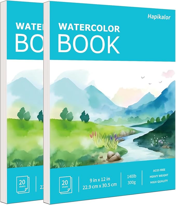 Hapikalor 2-Pack 9"x12" Watercolor Paper, 140lb/300g Water Color Paper Teal | Artist Painting Drawing Paper Book, Art Supplies for Adults Kids, Watercolors, Watercolor Paint Set, Sketchbook, Journal