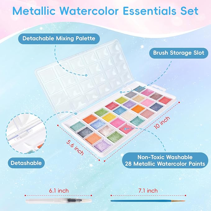 28 Metallic Colors Washable Watercolor Paint Set, with 3 Brushes Pen | watercolor palette, Non-toxic Water Color Paints Sets for Kids, Adults Artists Students Beginner,Travel Watercolor Set