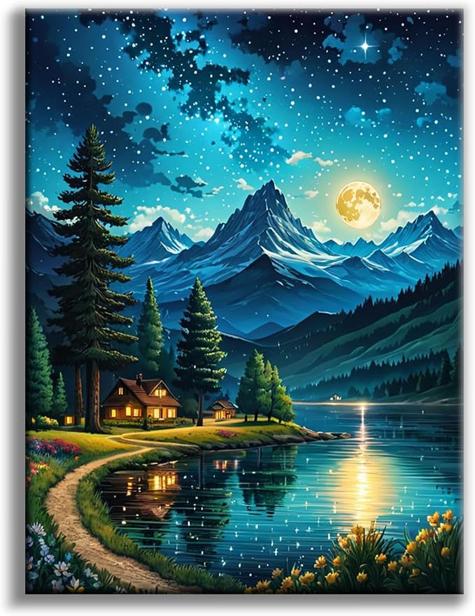 Diamond Art Kits for Adults, Moon Lake DIY Diamond Painting for Beginners | 12x16 Inch, Full Drill Round Dots, Lakeside Villages 5D Gem Art Craft Kits, Home Decor, Stress Relief Relaxing Hobby Gift