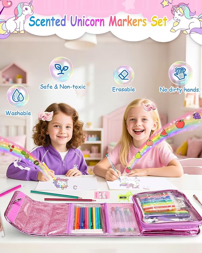 98X Washable Scented Markers Set with Unicorn Pencil Case for Kids Coloring