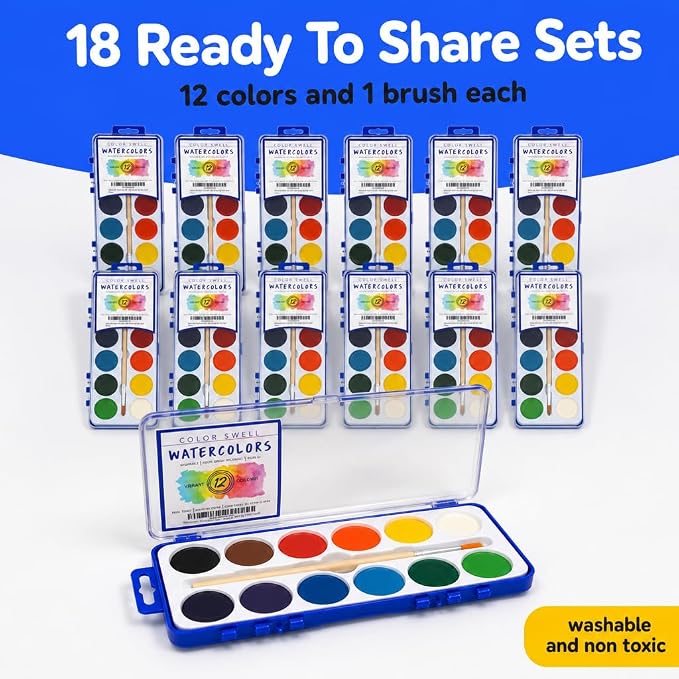 Color Swell 12 Color Bulk Watercolors with Wood Brushes, 18 Pack