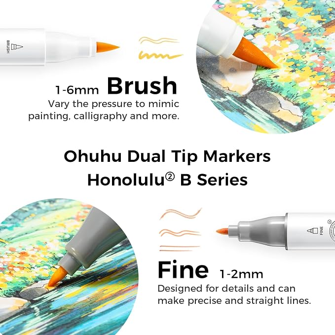 Ohuhu Alcohol Markers Brush& Fine 120 Colors for Adults Coloring Refillable | AP Certified Art Marker Set, Dual Tips Alcohol-based for Artists Beginners Drawing Illustration Sketching, Honolulu 2B