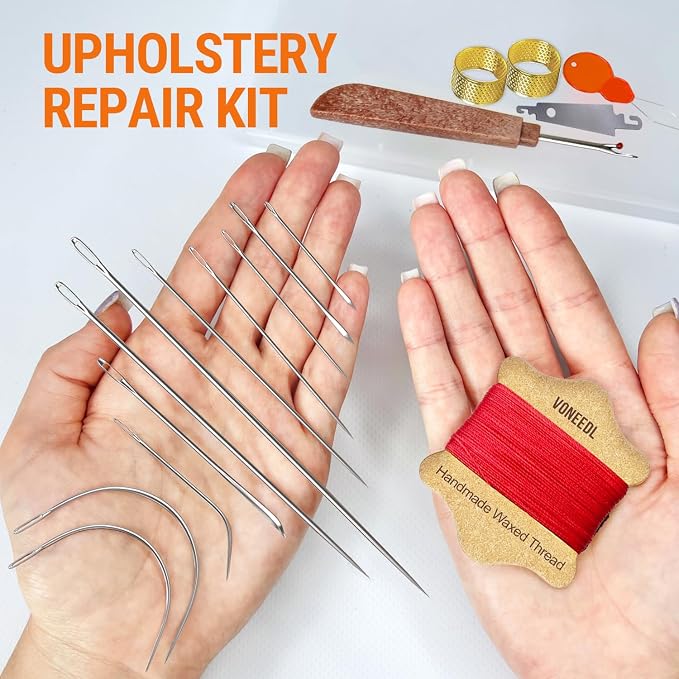 VONEEDL Upholstery Repair Kit: Waxed Sewing Thread (Red Color) & Heavy Duty Needles (11 PCS) for Leather, Canvas & Quilting Thread