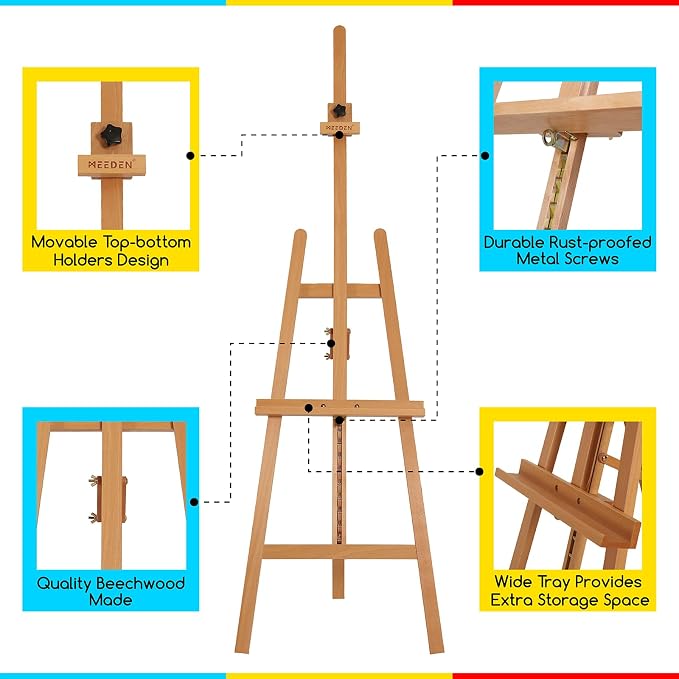 MEEDEN Painting Wooden Art Easel: Solid Beechwood, Hold Canvas up to 43" | Adjustable Height from 57"-76" for Studio Gallery, Multiple Work Angles A-Frame Easel for Adults Artists Beginners, Natural